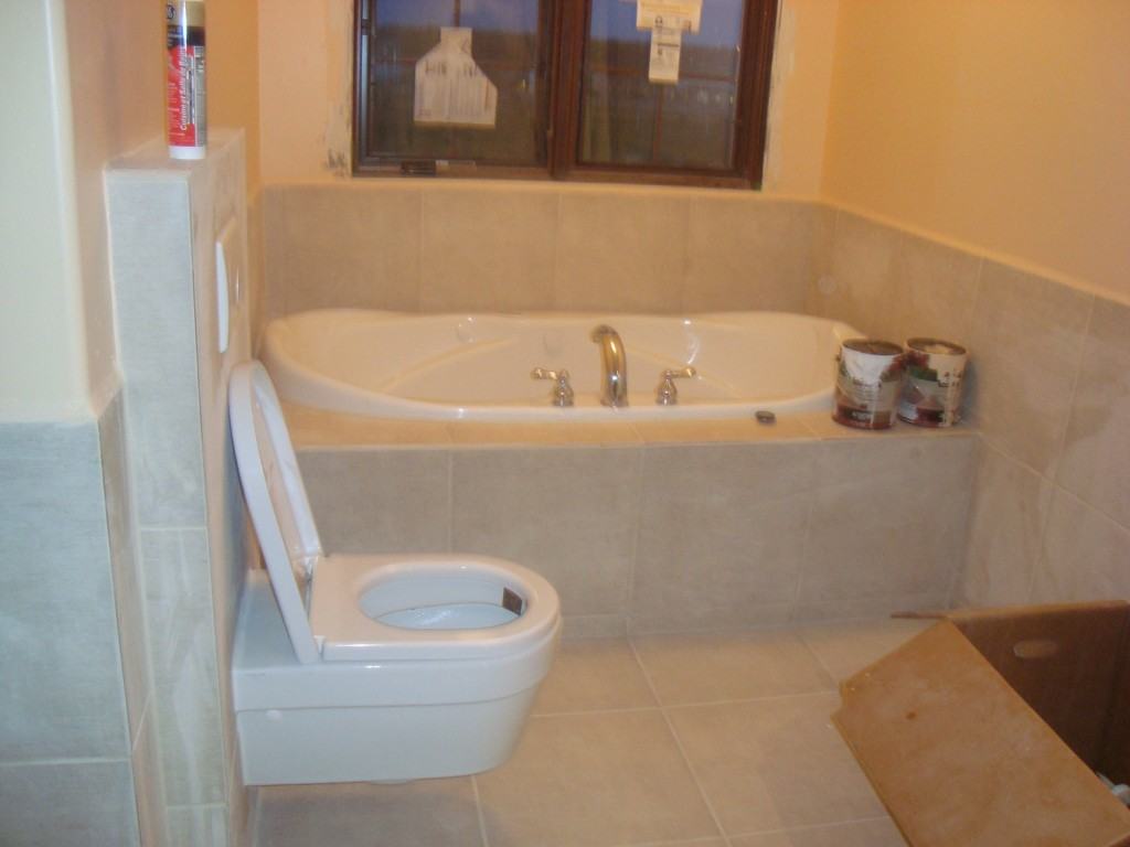 a bathroom with a toilet and a bath tub